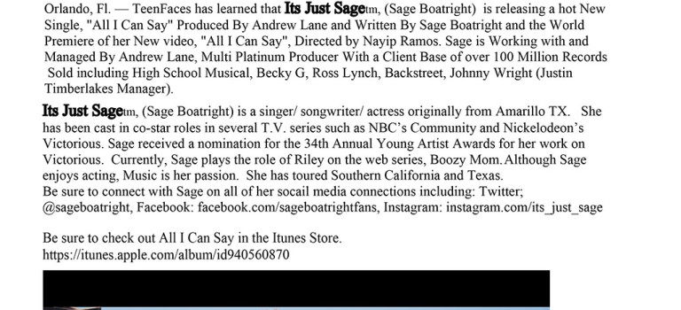 Press Release Its Just Sage, (Sage Boatright), Is Releasing New Single All I Can Say